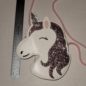 Unicorn Purse Adorable Glitter sparkle shaped White Bag pink strap zipper top